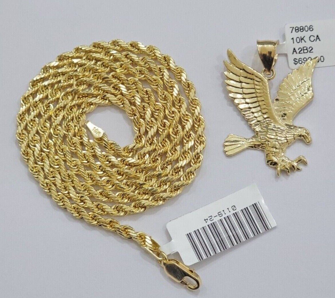 10k Yellow Gold Rope Chain Eagle Charm Pendant Set 18" - 28 Inch 3mm Necklace REAL - GoldenlinQ